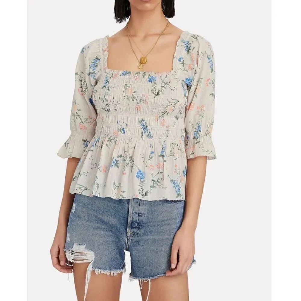 Revolve Saylor Clover Smocked Floral Cotton Blouse Top Large
